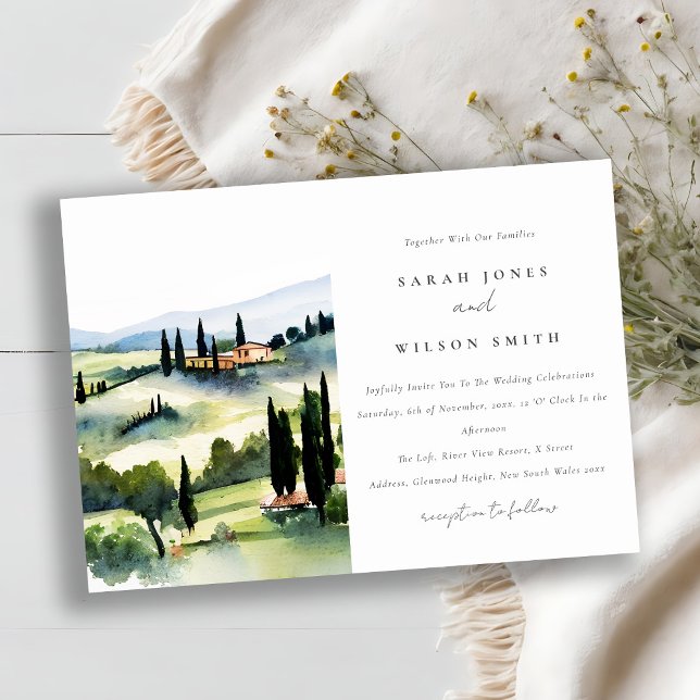 Elegant Tuscany Italy Watercolor Landscape Wedding Invitation (Creator Uploaded)