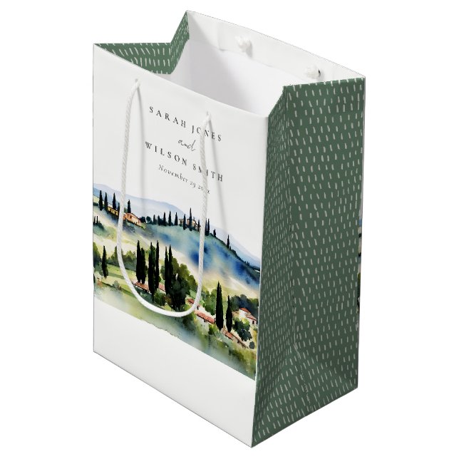 Elegant Tuscany Italy Watercolor Landscape Wedding Medium Gift Bag (Front Angled)