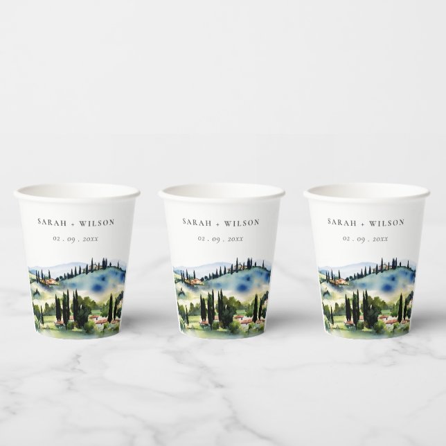 Elegant Tuscany Italy Watercolor Landscape Wedding Paper Cups (Multi)