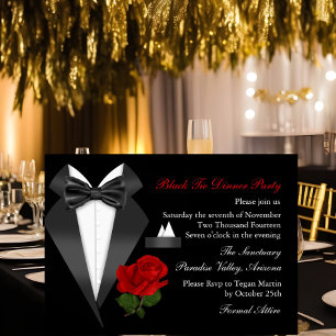 Elegant Tux & Rose Black Tie Dinner Party Invite