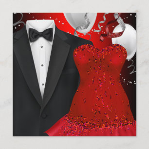 Elegant Tuxedo and Red Dress Holiday Party Invitation