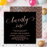 Elegant Twenty One Rose Gold Script 21st Birthday Invitation<br><div class="desc">Elegant Chic Black and Rose Gold Twenty One Script 21st Birthday Invitation. This modern birthday party invitation template for woman features stylish „twenty one” text in huge faux rose gold foil swirly handwritten calligraphy (or typography) script with swash tail font, party details in blush rose gold colour on black background....</div>
