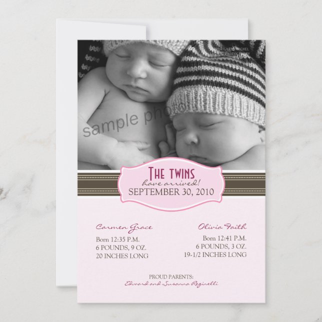 Elegant Twins Birth Announcement: Baby Pink Announcement (Front)