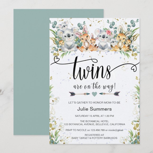 Elegant Twins Koalas Kangaroos Safari Baby Shower Invitation (Front/Back)