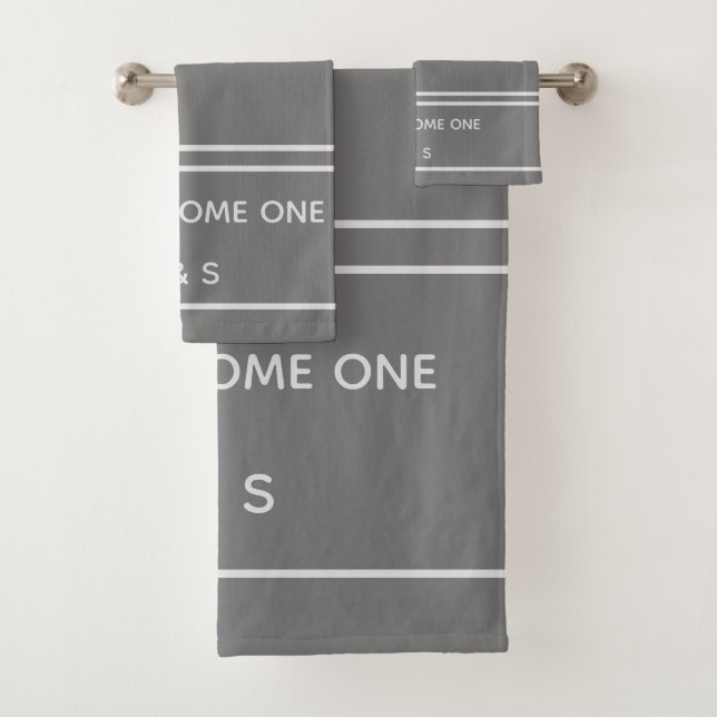Elegant Two Become One Grey and White Monogram Bath Towel Set (Insitu)