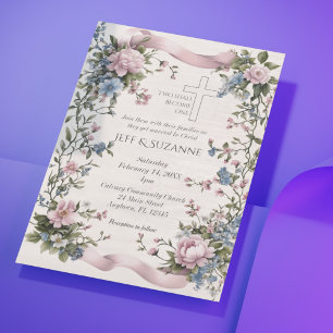 Elegant Two Become One Pink Ribbon Floral Cross Vellum Invitations