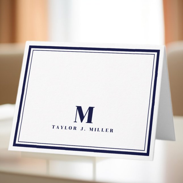 Elegant Two Border Monogram Chic Navy Blue Note Card (Creator Uploaded)