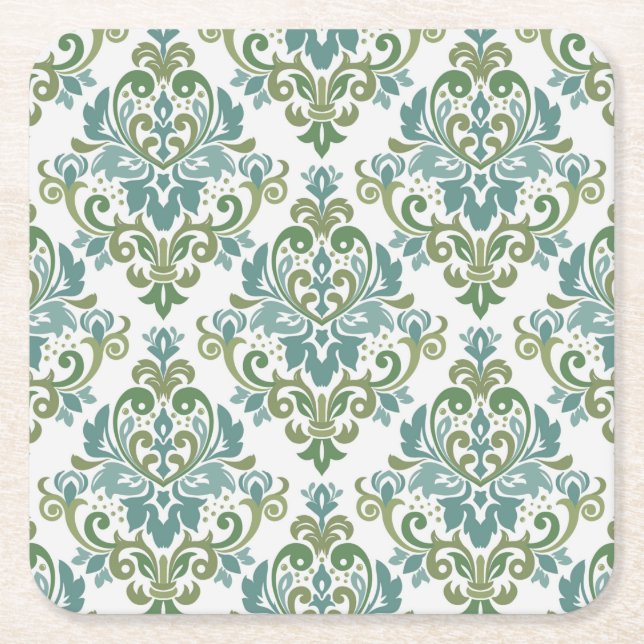 Elegant Two Colour Decorative Damask Pattern Square Paper Coaster (Front)