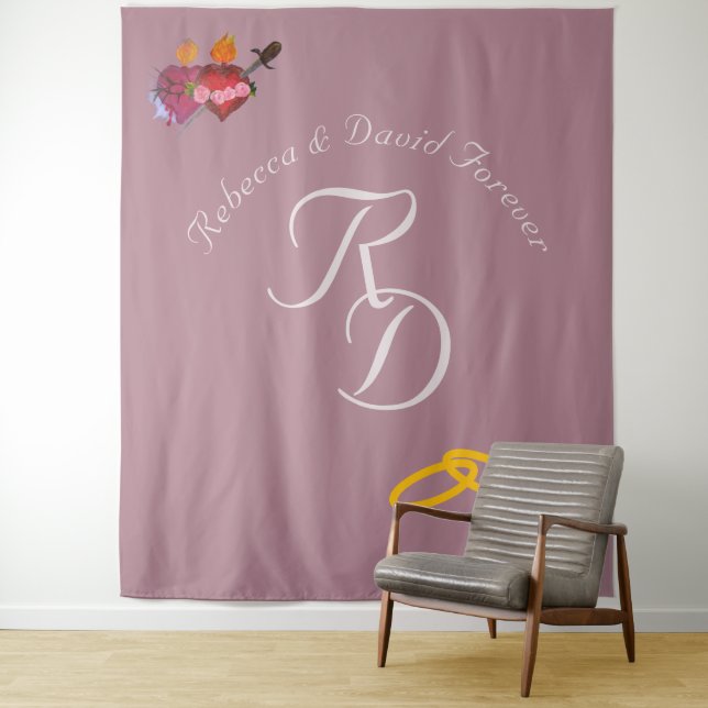 Elegant Two Hearts Catholic Monogrammed Wedding Tapestry (In Situ)