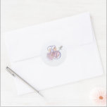 Elegant Two Hearts Catholic Wedding  Classic Round Sticker<br><div class="desc">Design features an off-white background to the soft image of the Sacred and Immaculate Hearts of Jesus and Mary in center. Initials of bride and groom are displayed in front in an elegant,  periwinkle/purple Nuptial font. Designed to coordinate with the "Two Hearts Catholic Wedding Suite (Periwinkle)" collection, </div>