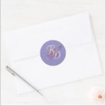 Elegant Two Hearts Catholic Wedding  Classic Round Sticker<br><div class="desc">Design features a periwinkle/purple background to the soft image of the Sacred and Immaculate Hearts of Jesus and Mary in center. Initials of bride and groom are displayed in front in an elegant,  off-white Nuptial font. Designed to coordinate with the "Two Hearts Catholic Wedding Suite (Periwinkle)" collection, </div>