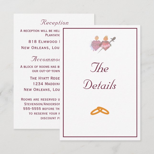 Elegant Two Hearts Catholic Wedding  Enclosure Card (Front/Back)