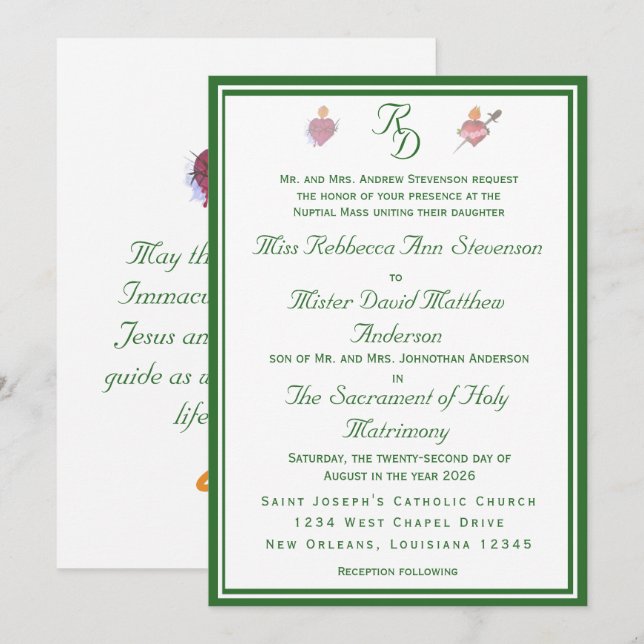 Elegant Two Hearts Catholic Wedding Invitation (Front/Back)