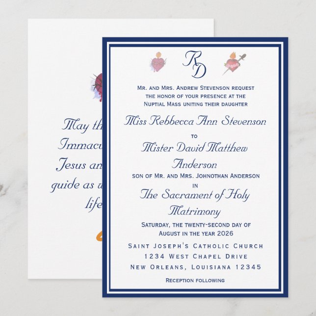 Elegant Two Hearts Catholic Wedding Invitation (Front/Back)