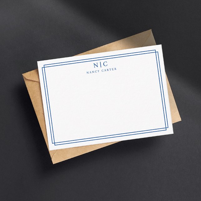 Elegant Two Monogram Navy Blue Geometric Border  Card (Creator Uploaded)