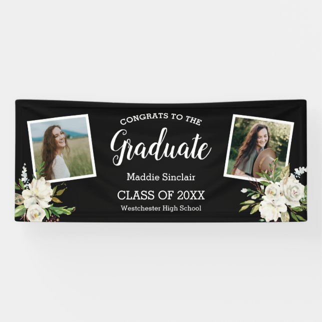 Elegant Two Photo Floral Graduation Black Banner (Horizontal)