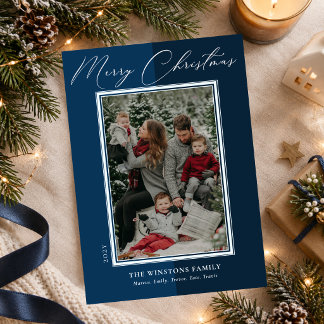 Elegant Two-Tone Navy Blue Minimalist Christmas Holiday Card