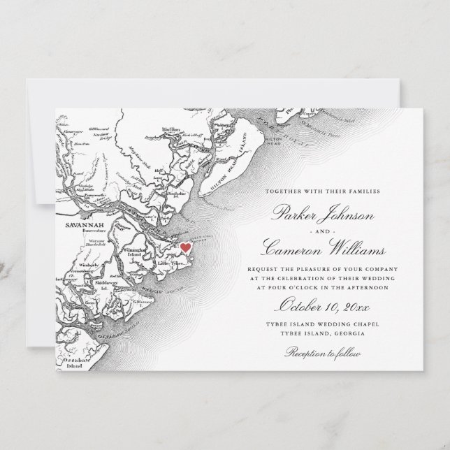 Elegant Tybee Island GA Map Black White Wedding Invitation (Front)