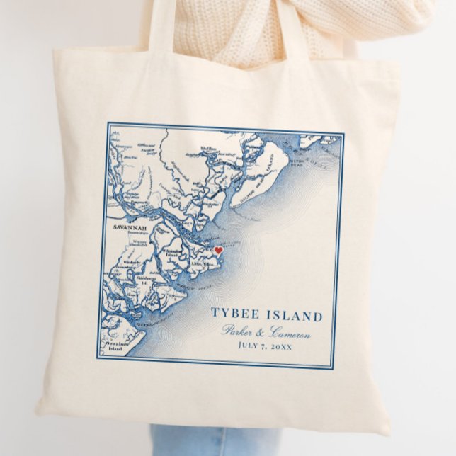Elegant Tybee Island Georgia Map Navy Blue Wedding Tote Bag (Tybee Island Georgia personalized wedding tote bag favor with an elegant navy blue map or Georgia)