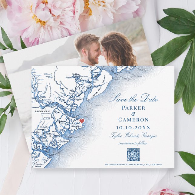 Elegant Tybee Island Georgia Map Navy Wedding Save The Date (Tybee Island GA Map Wedding Save the Date with Photo and QR Code in elegant navy blue )