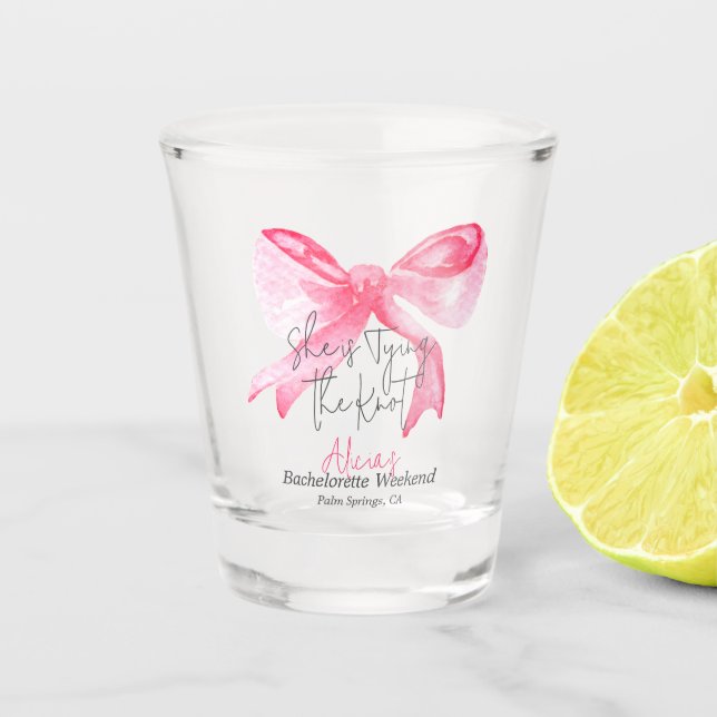 Elegant Tying the Knot Pink Bow Bachelorette Party Shot Glass (Front)
