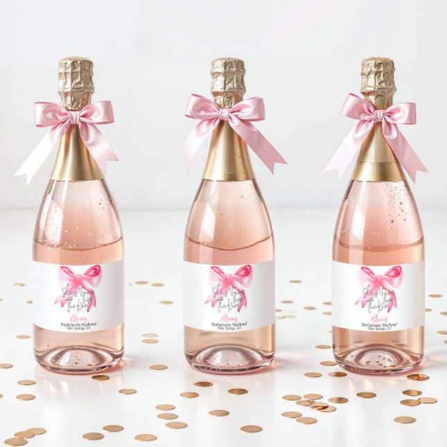 Elegant Tying the Knot Pink Bow Bachelorette Party Sparkling Wine Label (Creator Uploaded)