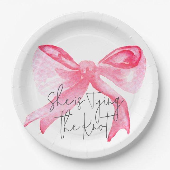 Elegant Tying the Knot Pink Bow Bridal Shower Paper Plate (Front)