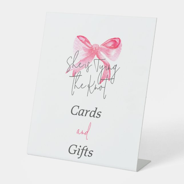 Elegant Tying the Knot Pink Bow Bridal Shower Pedestal Sign (Front)