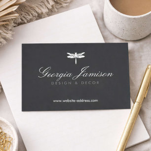 Elegant Type Dragonfly Logo on Dark Grey Business Card