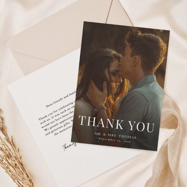 Elegant Type Minimal Photo Wedding  Thank You Card (Simple Type Overlay Photo Wedding Thank You Cards.)