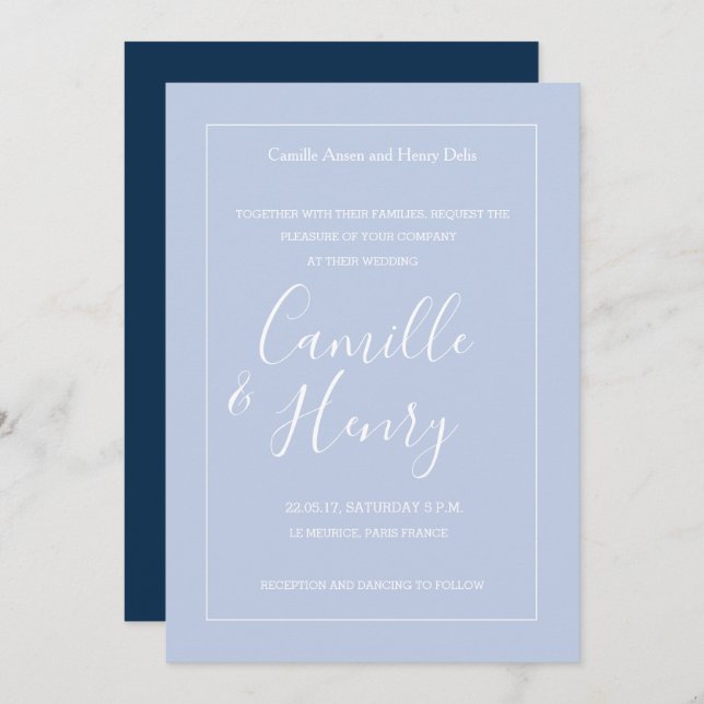 Elegant type pastel blue white modern wedding invitation (Front/Back)