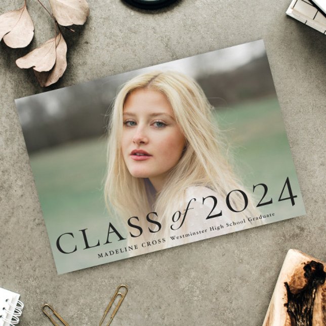 Elegant Type Photo Graduation Announcement (Elegant typography class of 2024 photo graduation magnetic announcement.)