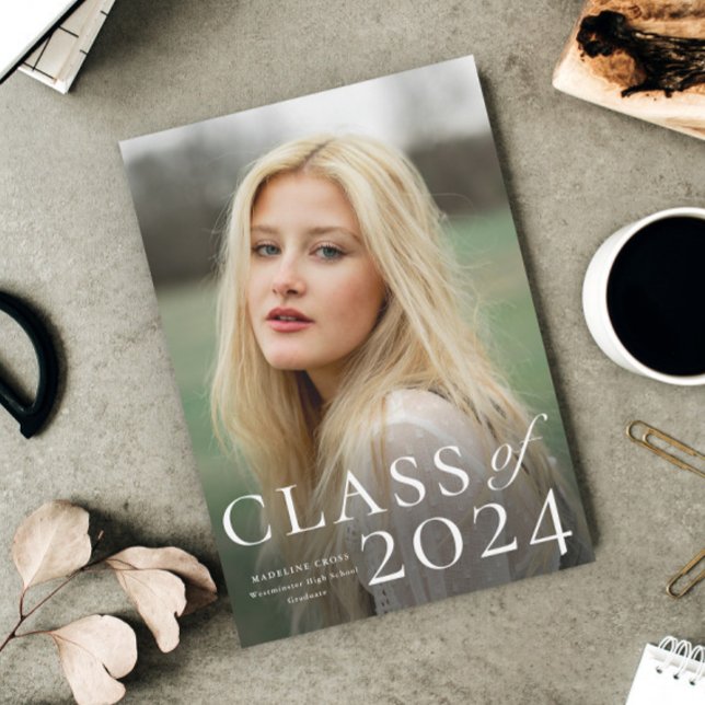 Elegant Type Photo Graduation Announcement (Elegant typography class of 2024 photo graduation magnetic announcement.)