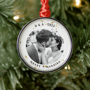 Elegant Typewriter Merry and Married Photo Metal Tree Decoration