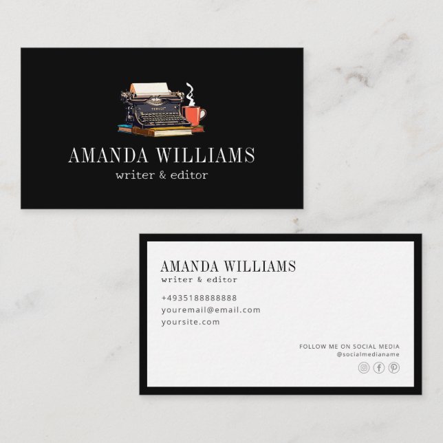 Elegant Typewriter Professional Black and White Business Card (Front/Back)