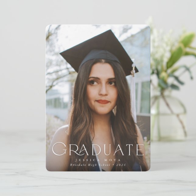 Elegant Typographic Overlay Two Photo Graduation Announcement (Standing Front)