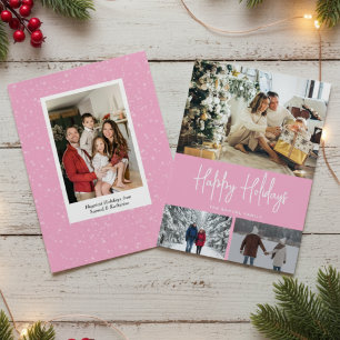 Elegant Typography 4 Photo Family Christmas Pink Holiday Card