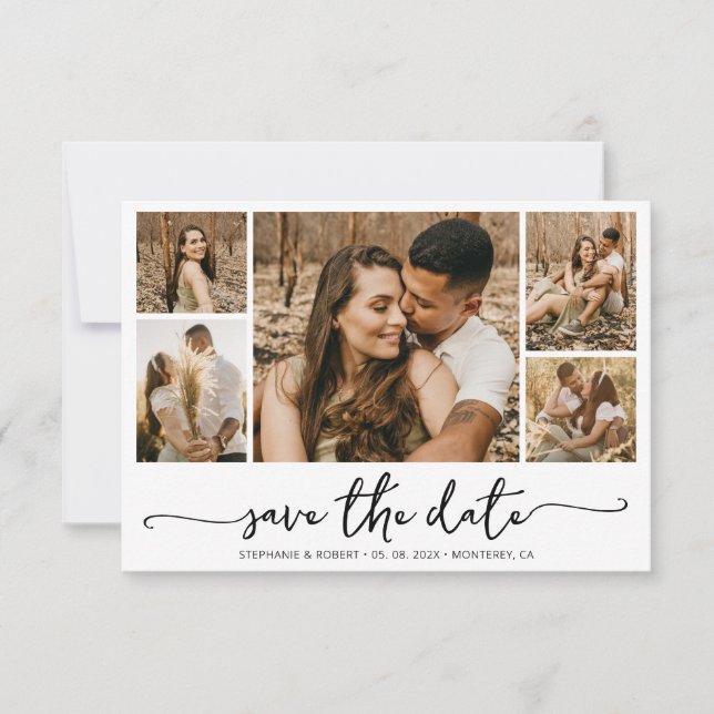Elegant Typography 5 Photo Collage Wedding  Save The Date (Front)