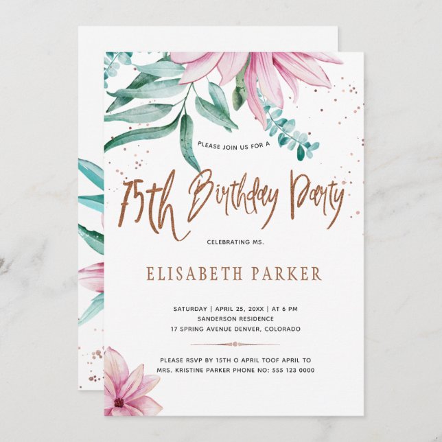Elegant typography 75th floral birthday party invitation (Front/Back)