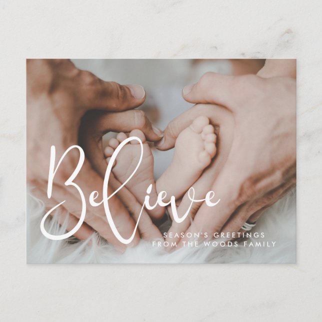 Elegant typography Believe Holiday photo Postcard (Front)