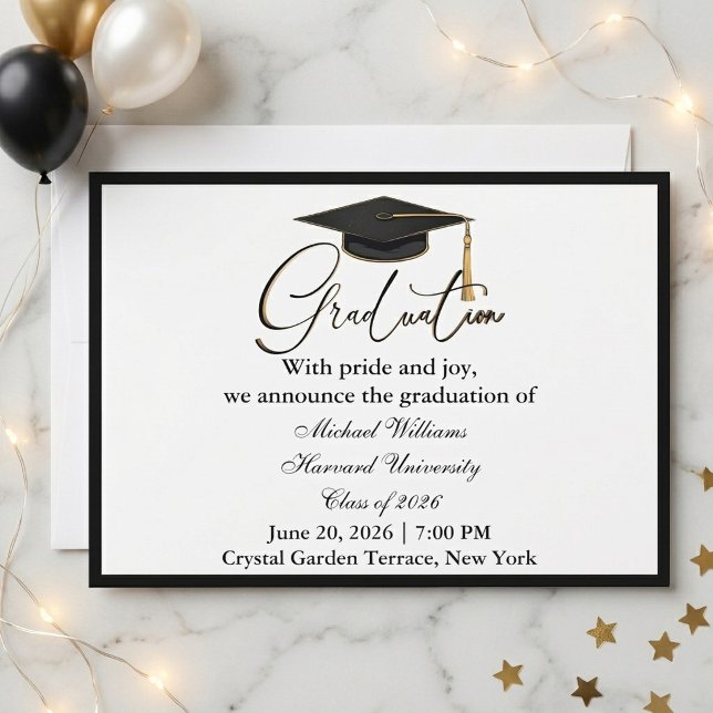 Elegant Typography Black Cap Monochrome Graduation Invitation (Elegant Typography Black Cap Monochrome Graduation Invitation)