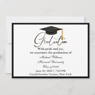 Elegant Typography Black Cap Monochrome Graduation Invitation