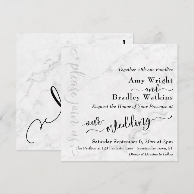 Elegant Typography Black on Marble Wedding 3 Invitation (Front/Back)