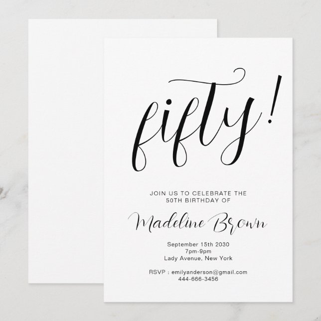 Elegant Typography Black White 50th Birthday Invitation (Front/Back)