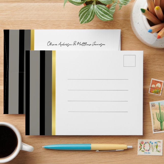 Elegant Typography Black White Gold Stripe Wedding Envelope (Desk)