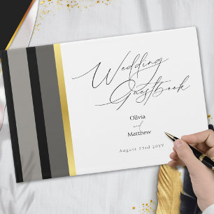 Elegant Typography Black White Gold Stripe Wedding Guest Book