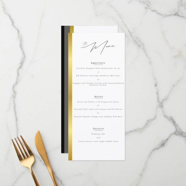 Elegant Typography Black White Gold Stripe Wedding Menu (Front/Back In Situ)