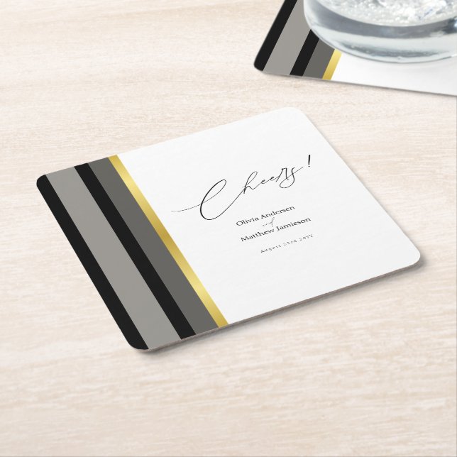 Elegant Typography Black White Gold Stripe Wedding Square Paper Coaster (Angled)