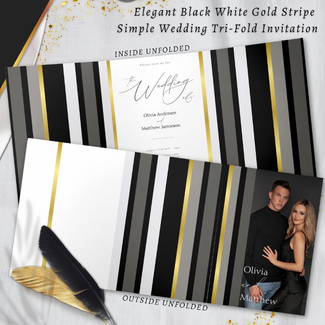 Elegant Typography Black White Gold Stripe Wedding Tri-Fold Card (Creator Uploaded)