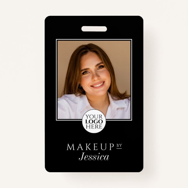 Elegant Typography Black White Photo Makeup ID Badge (Front)
